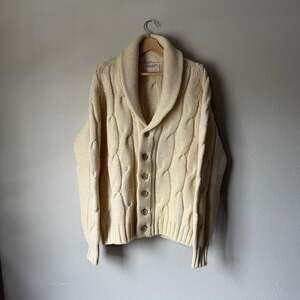 Vintage Lord Jeff 100% Virgin Wool Cable Knit Shawl Cardigan USA Made L